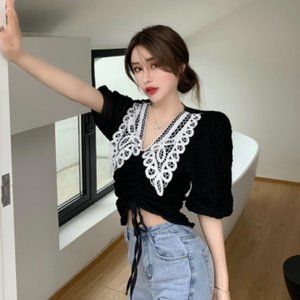 2021 new foreign style lace short sleeve V neck bl